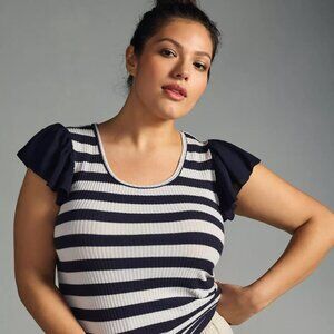 Anthropologie T La Flutter Sleeve Tee Top Navy White Stripe Size XL